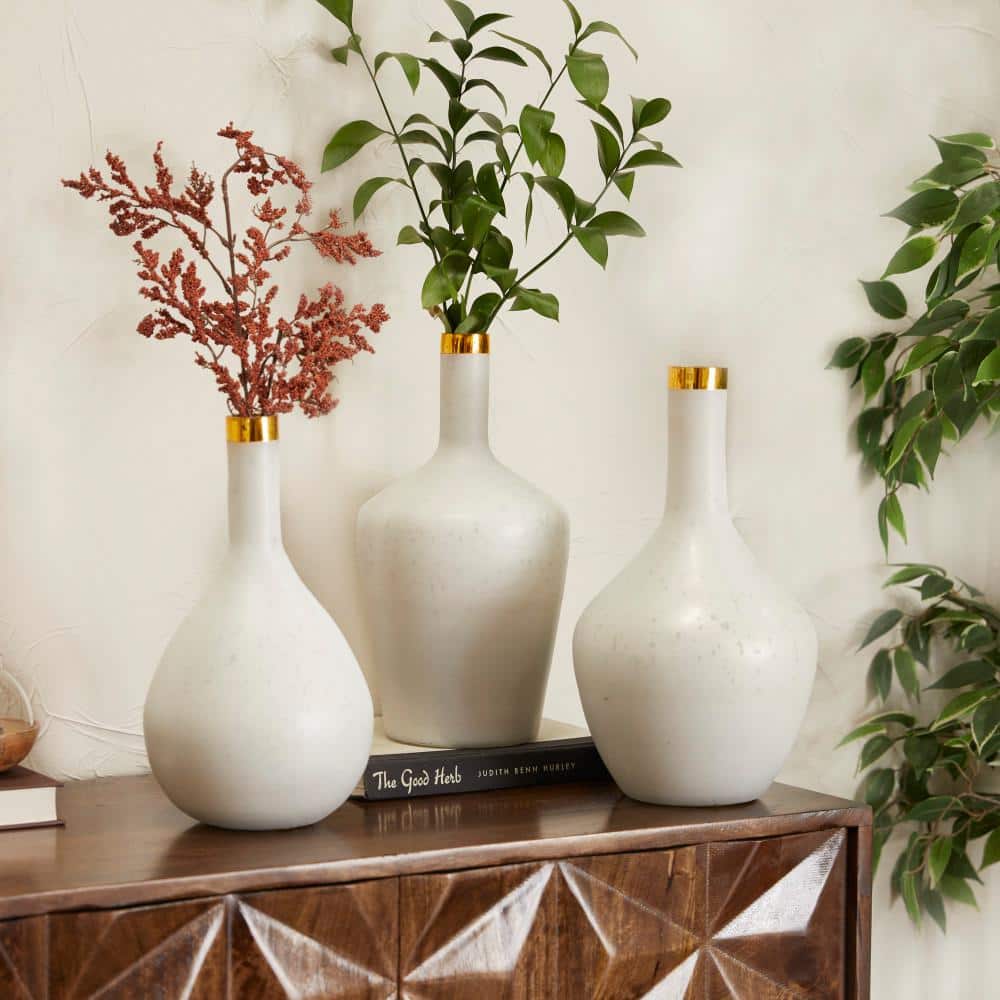 Litton Lane 13 in., 14 in., 13 in. White Glass Decorative Vase with Gold Rim (Set of 3)