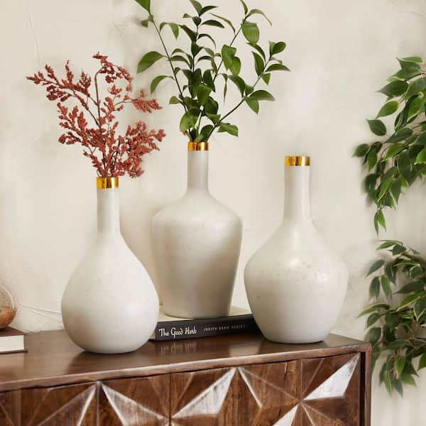 Litton Lane 13 in., 14 in., 13 in. White Glass Decorative Vase with Gold Rim (Set of 3)