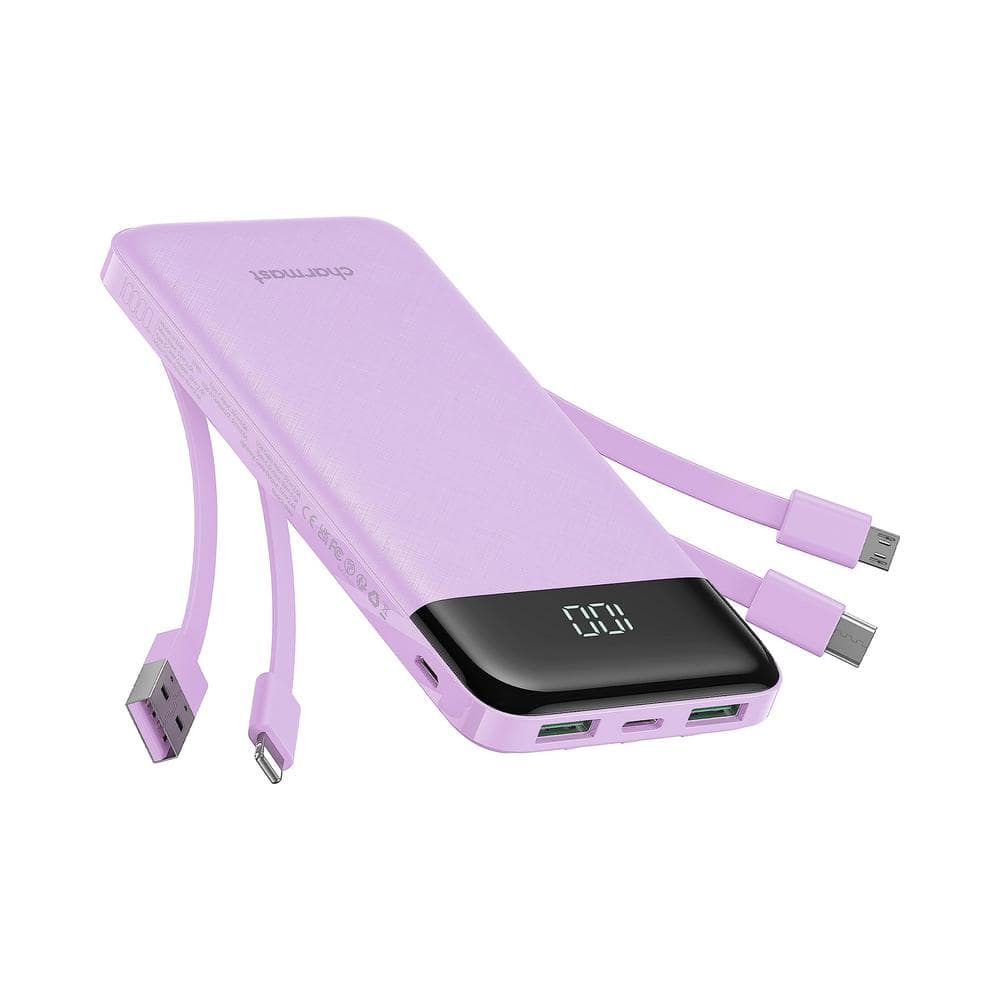 10000 mAh Portable Charger with Built in Slim Cables, 6 Outputs-Purple