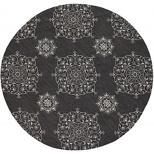 Charlie 7' Round ft. Charcoal Floral Indoor/Outdoor Area Rug