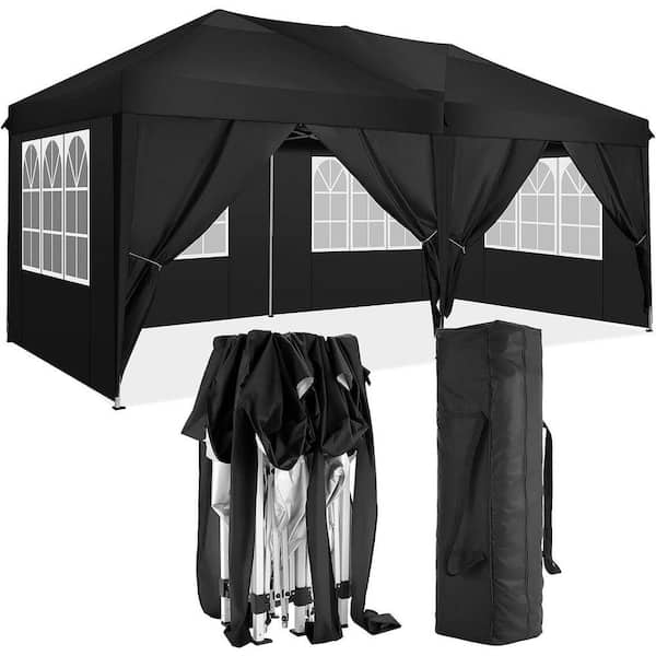 10 ft. x 20 ft. Black Outdoor Folding Canopy Tent with 6 Removable Sidewalls and Carry Bag for Lawn, Garden, Backyard