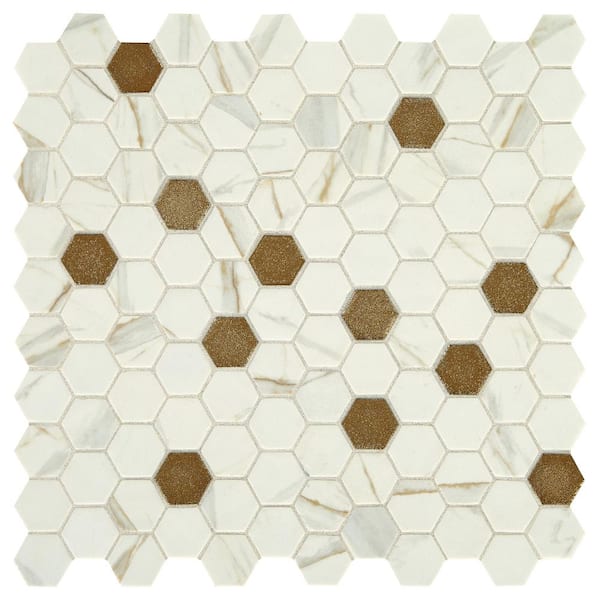 Daltile Uptown Glass Posh Chiffon 4 in. x 4 in. Glass Hexagon Mosaic Sample Tile