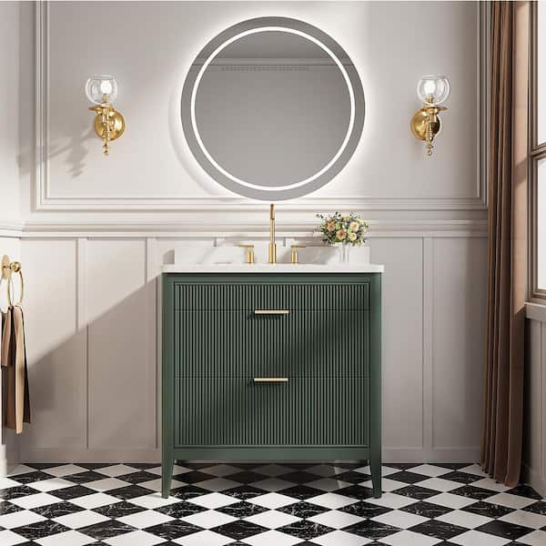 36 in. W Single Sink Solid Wood Bath Vanity in Vintage Green with White Engineered Marble Top, Soft-Close