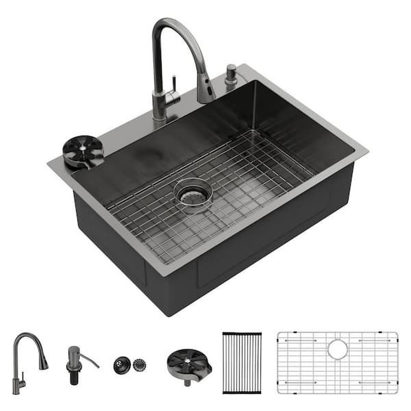 33 in. Drop-In Single Bowl 16 Gauge Gunmetal Black Stainless Steel Kitchen Sink with Pull Down Faucet and Bottom Grids