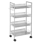 4-Tier Steel 4-Wheeled Mobile Storage Cart with Side Hooks in Silver