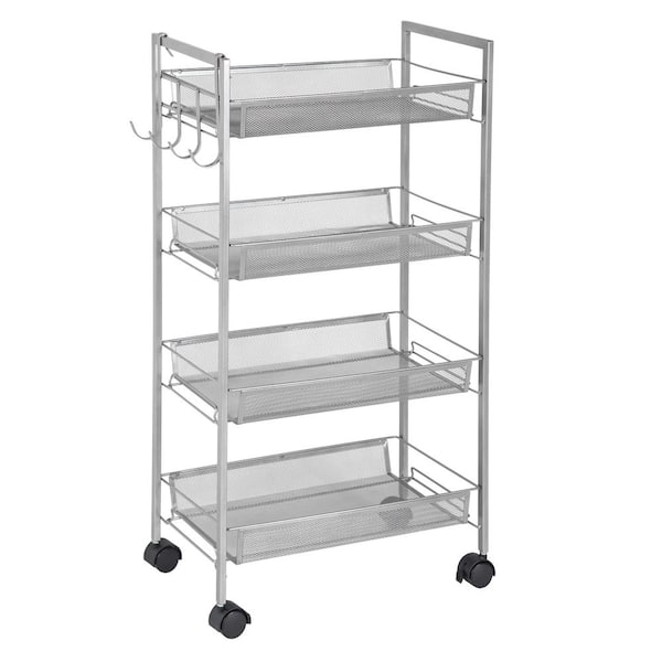 Greenway 4-Tier Steel 4-Wheeled Mobile Storage Cart with Side Hooks in Silver