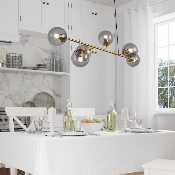 Magic Home 6-Light Kitchen Island Lighting Modern Sputnik Linear Chandelier Pendant Light Fixture for Dining Room in Gold and Gray