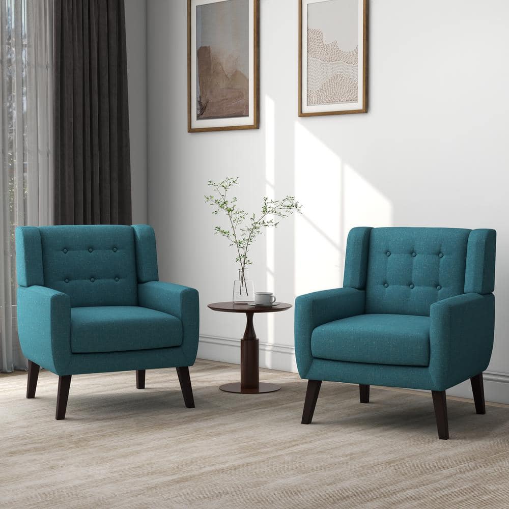 Light Blue Linen Arm Chair with Tufted Cushions (Set of 2)