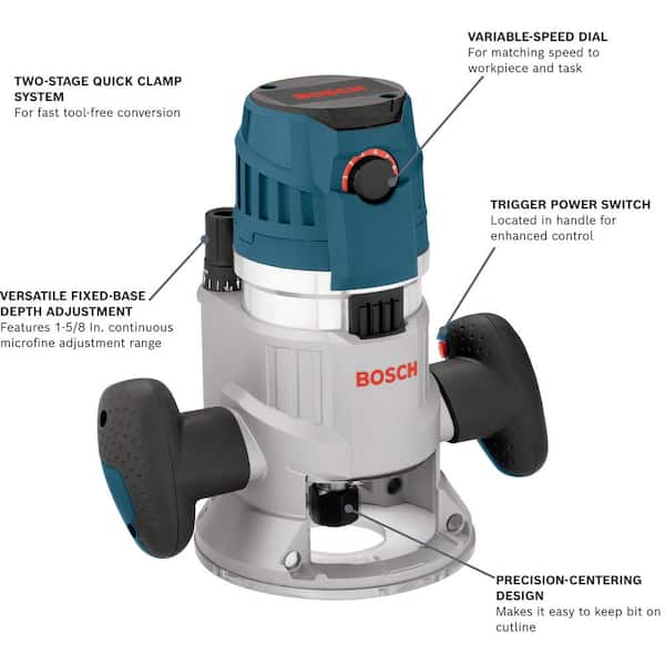 15 Amp 3-1/2 in. 2.3 HP Corded Electric Variable Speed Fixed Base Router Kit with Trigger Control 15 Amp 3-1/2 in. 2.3 HP Corded Electric Variable Speed Fixed Base Router Kit with Trigger Control