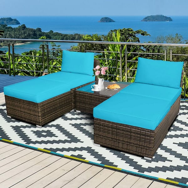SUNRINX 5-Piece Brown Wicker Patio Conversation Set with Turquoise Cushions
