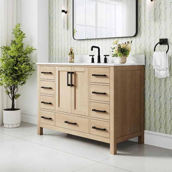 48 in. Freestanding Oak Solid Wood Bath Vanity with Durable Carrara White Cultured Marble Top, Soft-Close, Assembled