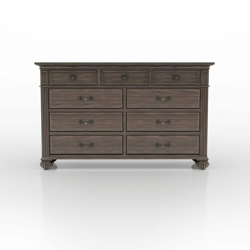 Gray Solid Wood 9-Drawer Horizontal Dresser with Metal Handles