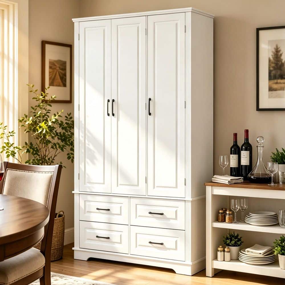 72.1 in. White Kitchen Pantry Accent Storage Cabinet with 3 Pull Out Tray, Drawers, 5 Door Shelves, Adjustable Shelves