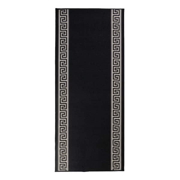 Meander Greek Key Design Cut to Size Black Color 36" Width x Your Choice Length Custom Size Slip Resistant Runner Rug