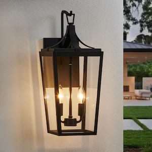 20. 1 in. 2-Light Sandy Black Lantern Outdoor Sconce Hardwired with Clear Tempered Glass, Bulbs Not Included