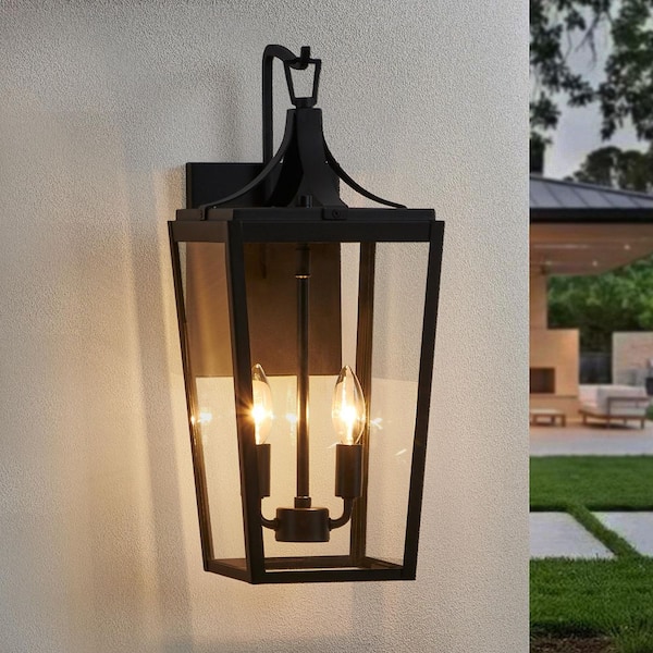 20. 1 in. 2-Light Sandy Black Hardwired Outdoor Wall Lantern Sconce with Clear Glass