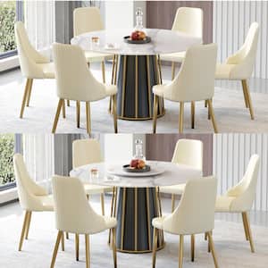 53.15 in. White Sintered Stone Round Rotable Tabletop with Lazy Susan Black Pedestal Base Kitchen Dining Table (Seats-6)