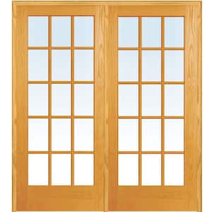 72 in. x 80 in. Left Hand Active Unfinished Pine Glass 15-Lite Clear True Divided Prehung Interior French Door