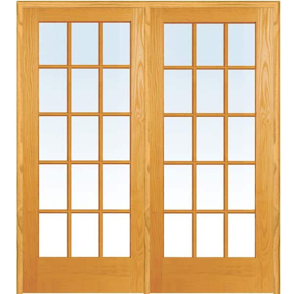 MMI Door 60 in. x 80 in. Left Hand Active Unfinished Pine Glass 15-Lite Clear True Divided Prehung Interior French Door