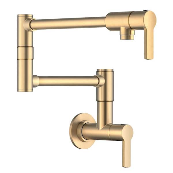 Oletto Wall Mount Pot Filler Kitchen Faucet with Retractable Arm in Spot-Free Brushed Brass
