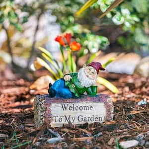 9 in. Tall Outdoor Garden Gnome and Welcome Sign Yard Statue Decoration, Multicolor