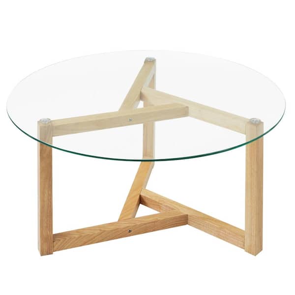 Unbranded Natural Round Outdoor Coffee Table with Tempered Glass Top and Sturdy Wood Base for Indoor or Patio