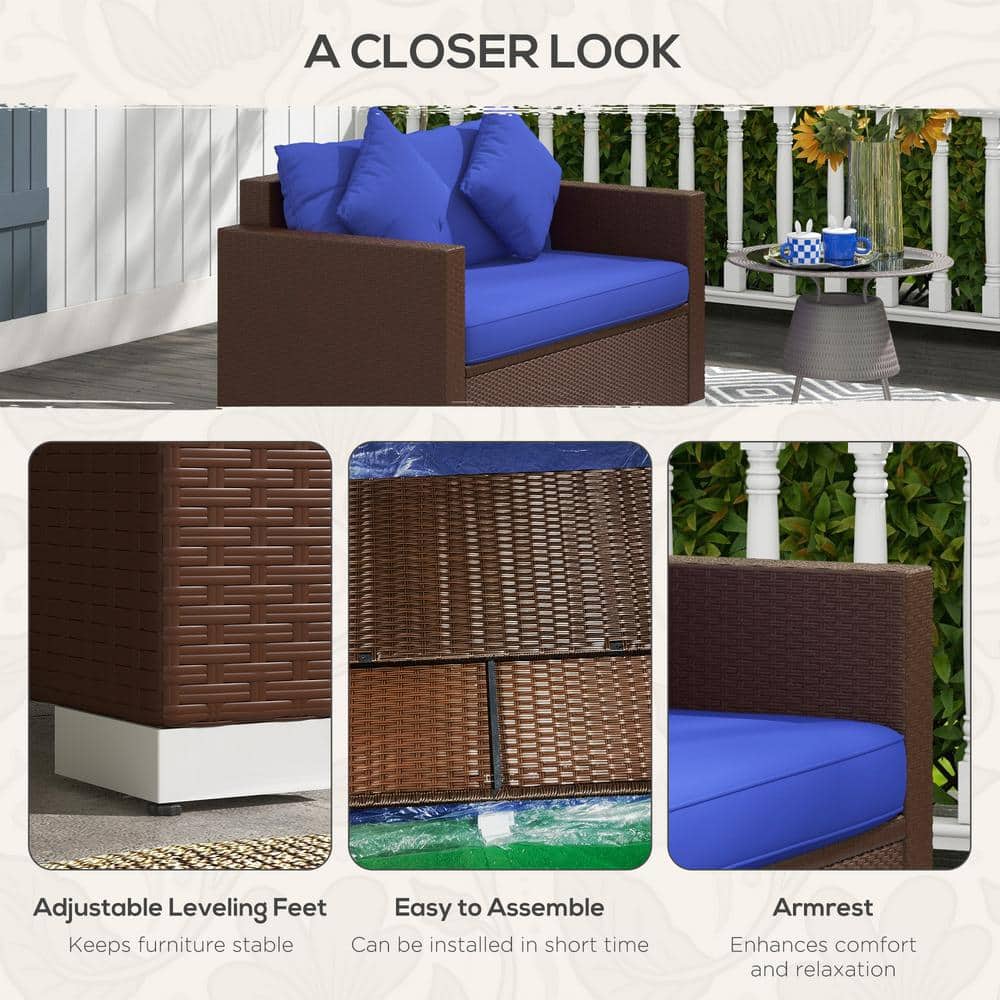 Outsunny Brown Wicker Loveseat with Dark Blue Cushions