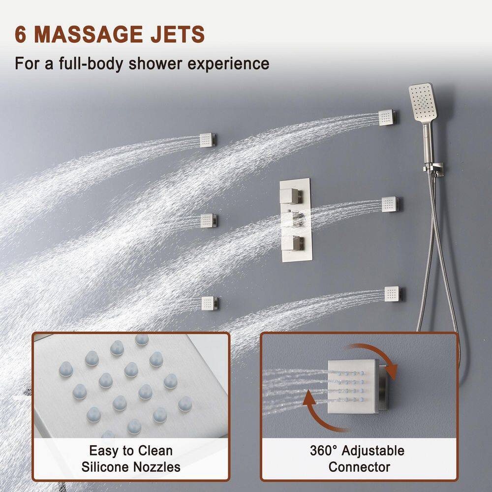 Brushed Nickel LED Ceiling Mounted Shower System with Body Jets