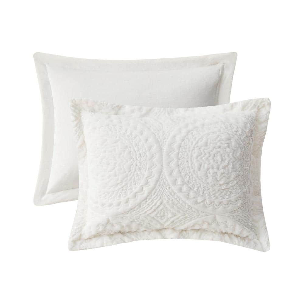 Ivory Faux Fur Embroidered Medallion King Duvet Cover Set