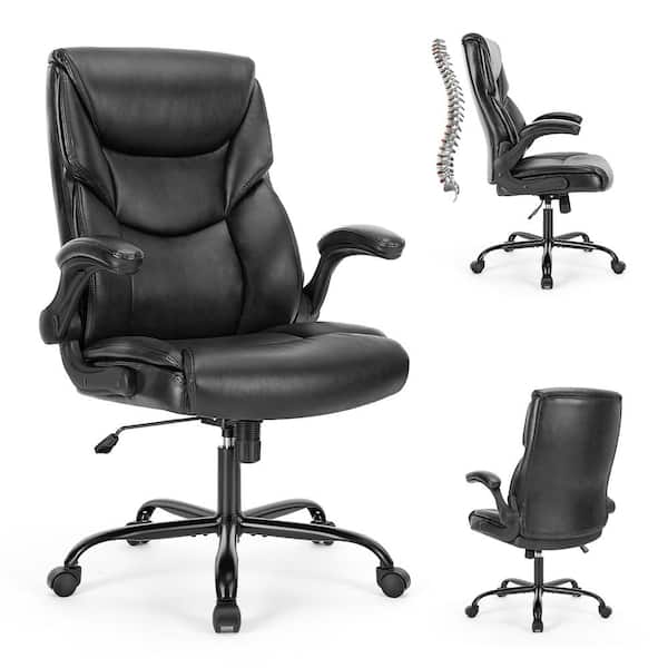 FIRNEWST Big and Tall Executive Office Chair Ergonomic Computer Chair in Black with High Back PU Leather Flip-Up Armrests