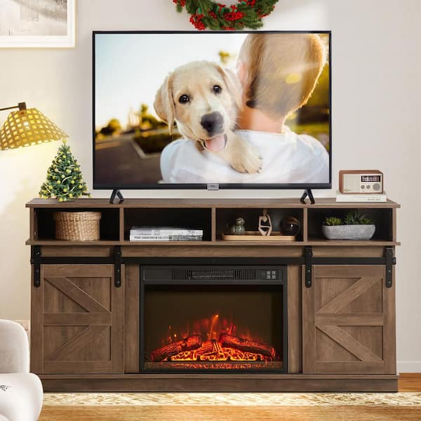 58.07 in. TV Stand with 23 in. Electric Fireplace Insert Sliding Barn Doors Open Shelve Cabinets and Remote Brown Finish