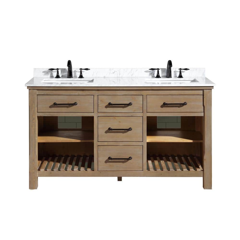 Weathered Fir Solid Wood 60" Double Sink Bathroom Vanity with Carrara Marble Top