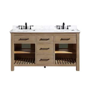 Lauren 60 in. Double Bath Vanity in Weathered Fir with Marble Vanity Top in Carrara White with White Basin