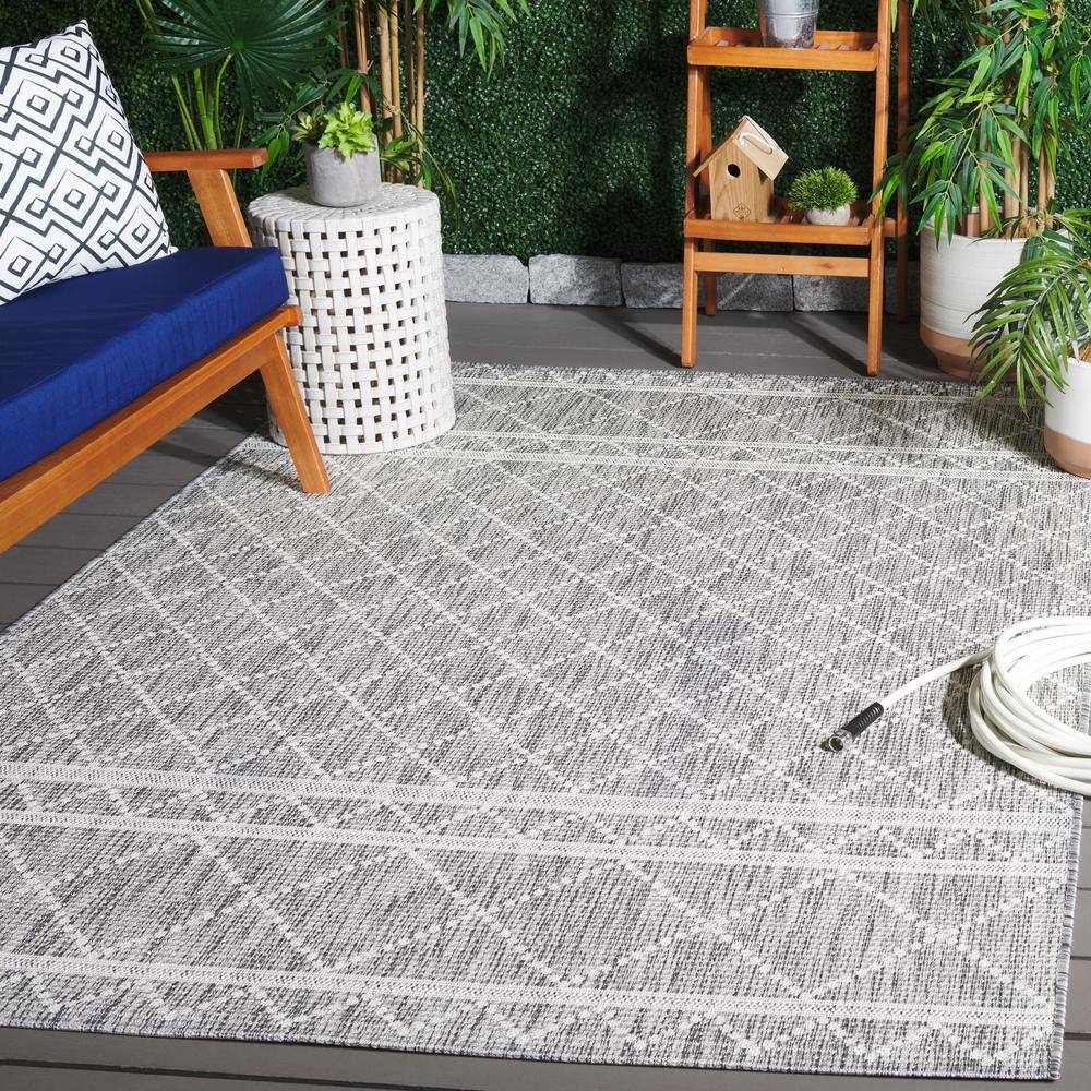 79" Square Gray Geometric Wool and Cotton Rug