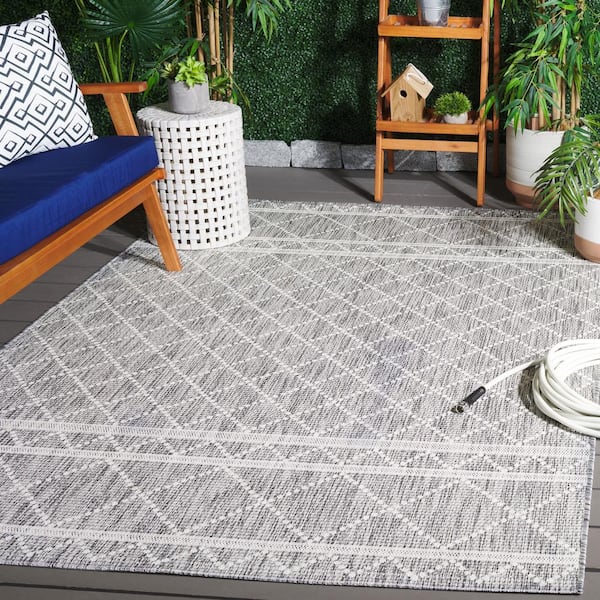 Courtyard Light Gray/Dark Gray 7 ft. x 7 ft. Diamond Border Indoor/Outdoor Square Area Rug