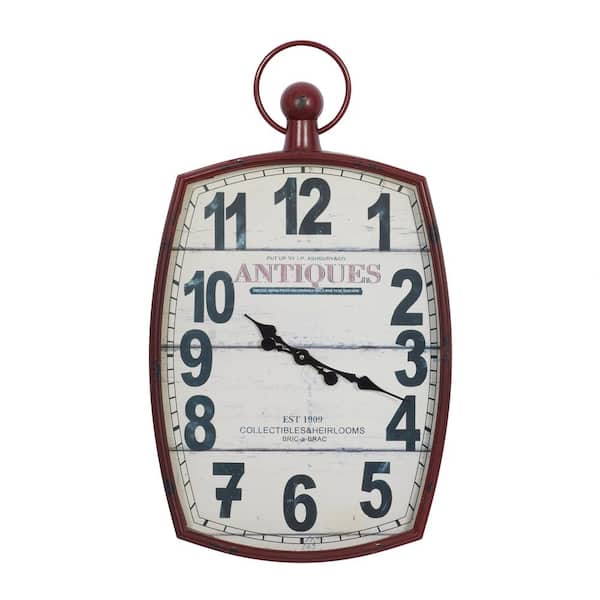 Litton Lane 19 in. x 33 in. Red Metal Distressed Pocket Watch Inspired Wall Clock