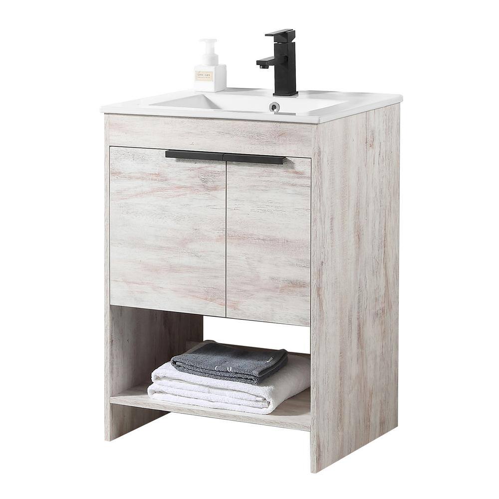 24" Walnut and White Vitreous China Single Bathroom Vanity