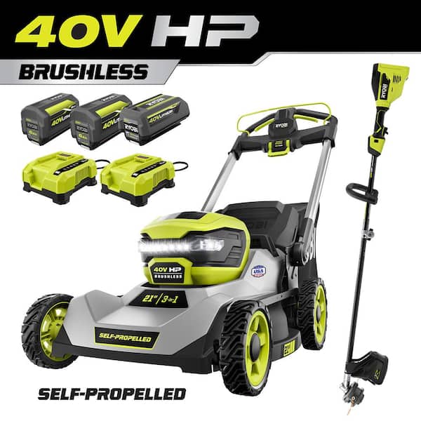 RYOBI 40V HP Brushless 21 in. Cordless Walk Behind Self-Propelled Lawn Mower & Trimmer - (3) Batteries/(2) Rapid Chargers