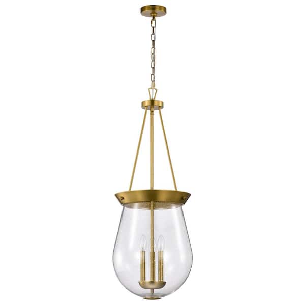SATCO Boliver 60-Watt 3-Light Vintage Brass Shaded Pendant Light with Clear Seeded Glass Shade and No Bulbs Included