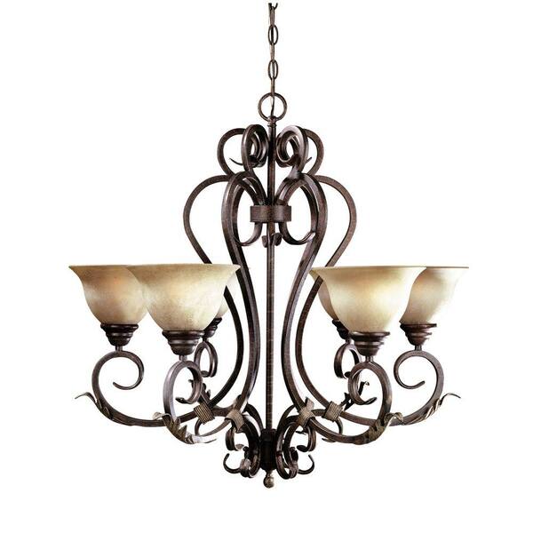 World Imports Olympus Tradition Collection 6-Light Crackled Bronze and Silver Chandelier with Tea-Stained Glass Shades