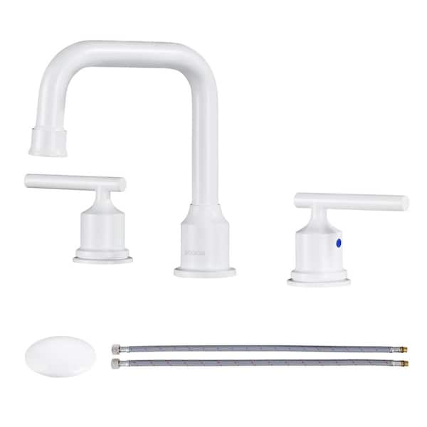 WOWOW 8 in. Widespread Double Handle Bathroom Faucet with Drain Kit in White