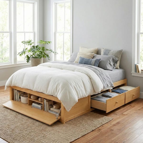 Natural/Yellow Pine Wood Frame Queen Platform Bed with 4-Storage Drawers and Hydraulic Lift Footboard Storage