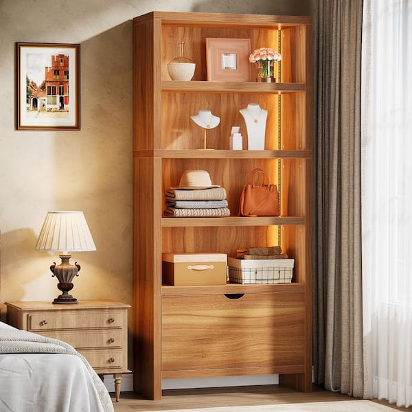 71 in. Tall Walnut-color Engineered Wood 5-Shelf Standard Bookcase with LED light, File Drawer