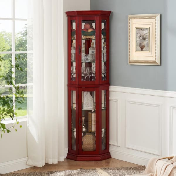 Unbranded 16 Bottle Cherry Corner Curio Cabinet Lighted Corner Display Glass Display Shelf Shelving with Glass Door Wine Rack W2275P1gw5g
