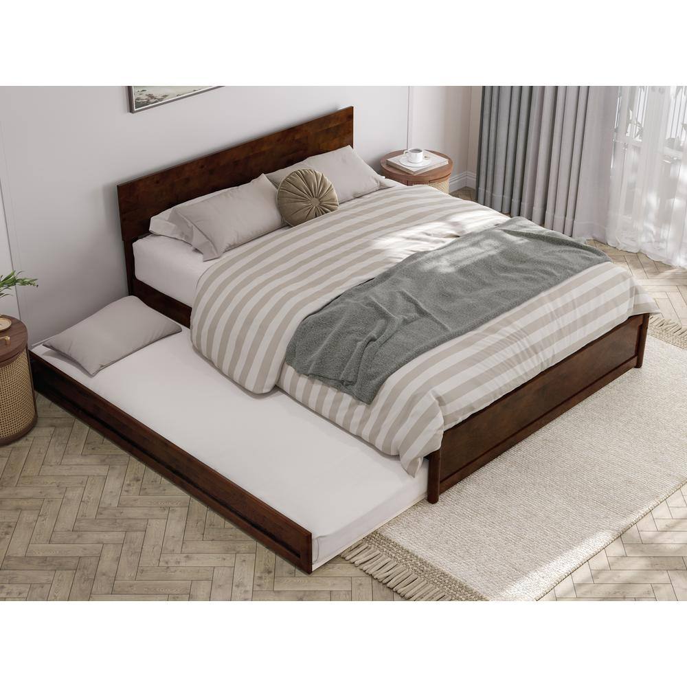 Walnut Queen Wood Platform Bed with Trundle and Headboard