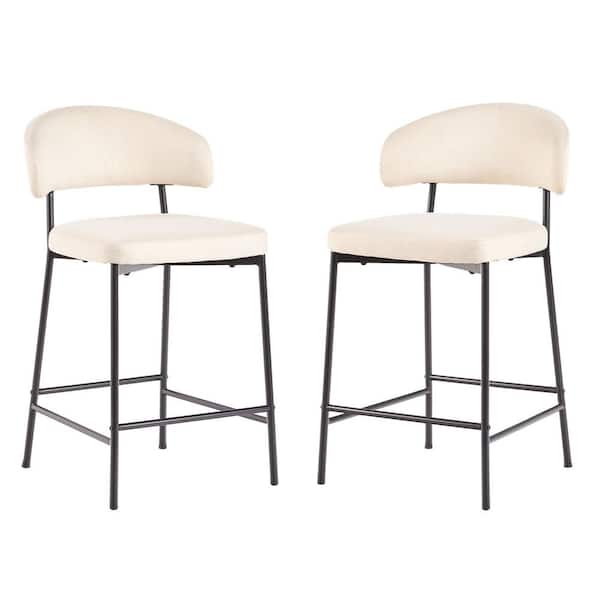 Modern 24 in Ivory Low Back Metal Counter Stool Chenille Seat, Set of 2