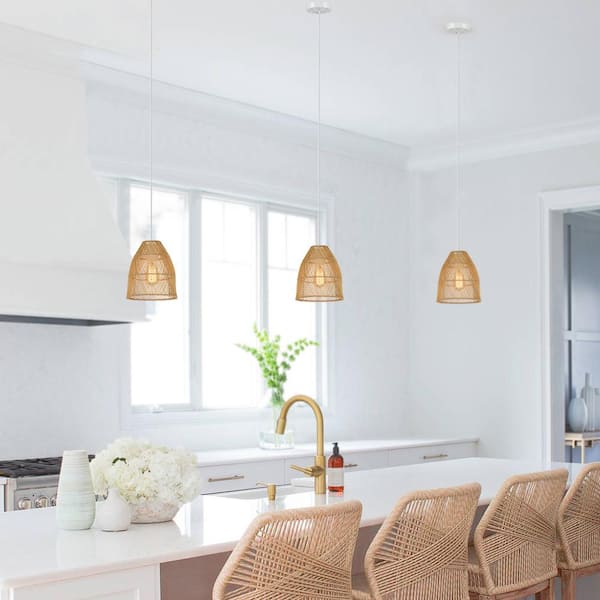 1-Light Eclectic Natural Rattan Bell Island Mini Pendant Light with White Hardware
