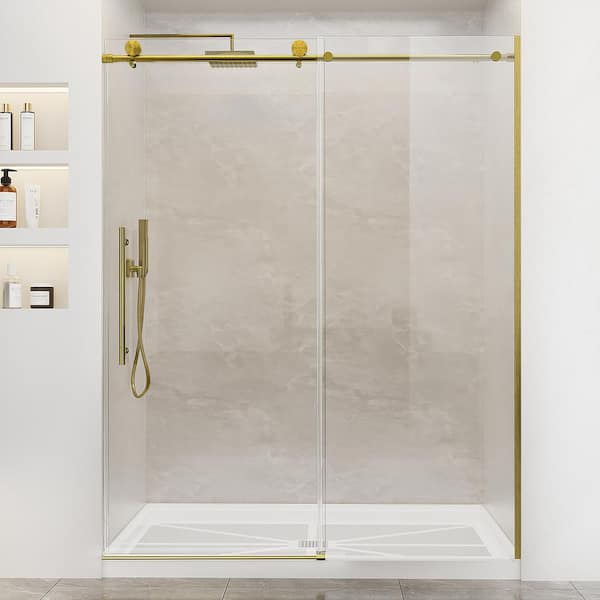56 in. to 60 in. W x 75 in. H Single Sliding Frameless Shower Door in Brushed Gold with Nano Tempered Glass Soft Closing