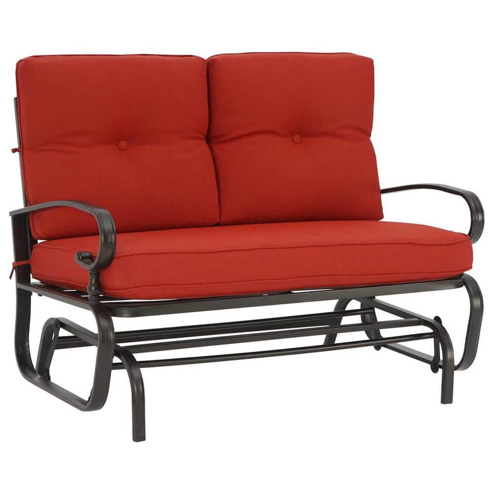 47 in. Black Metal Frame Outdoor Glider with Red Cushion for 2-Person