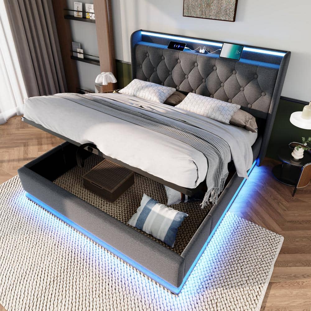 Gray Wood and Metal Frame Upholstered Linen Full Platform Bed with Hydraulic Storage, USB Charging and 360° LED Light, image size:1000x1000